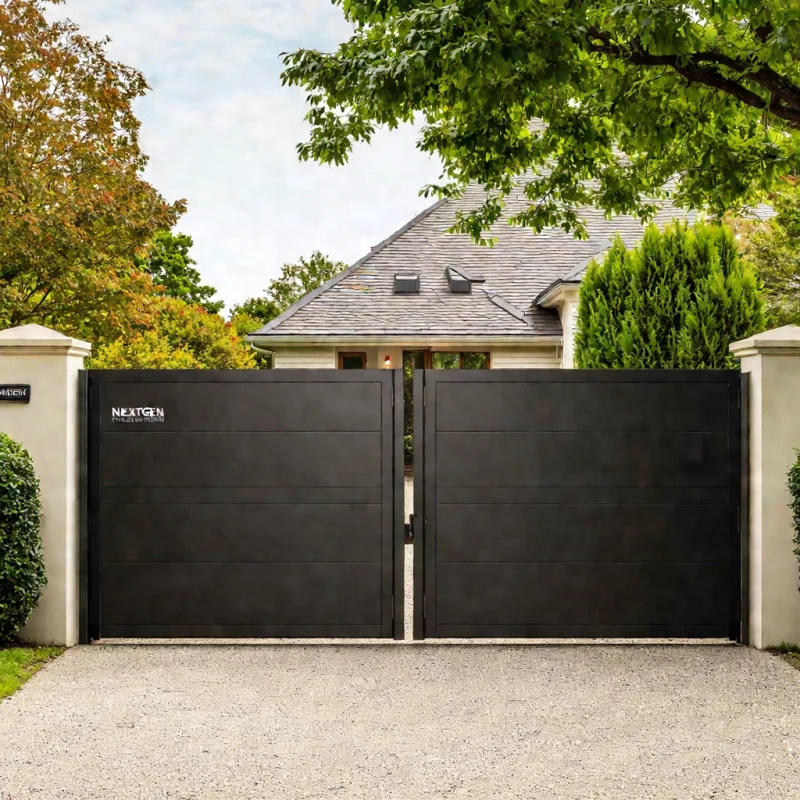 Automatic swing gate. Black metal gate with horizontal panels and stone pillars. Residential driveway.