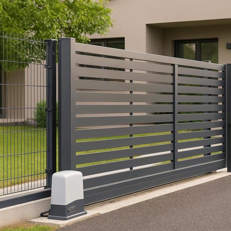 Modern gray sliding gate with horizontal slats and gate motor. Security fence.