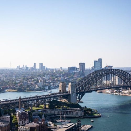 Sydney Harbour Bridge and city skyline. Aerial view of the iconic Australian landmark.
